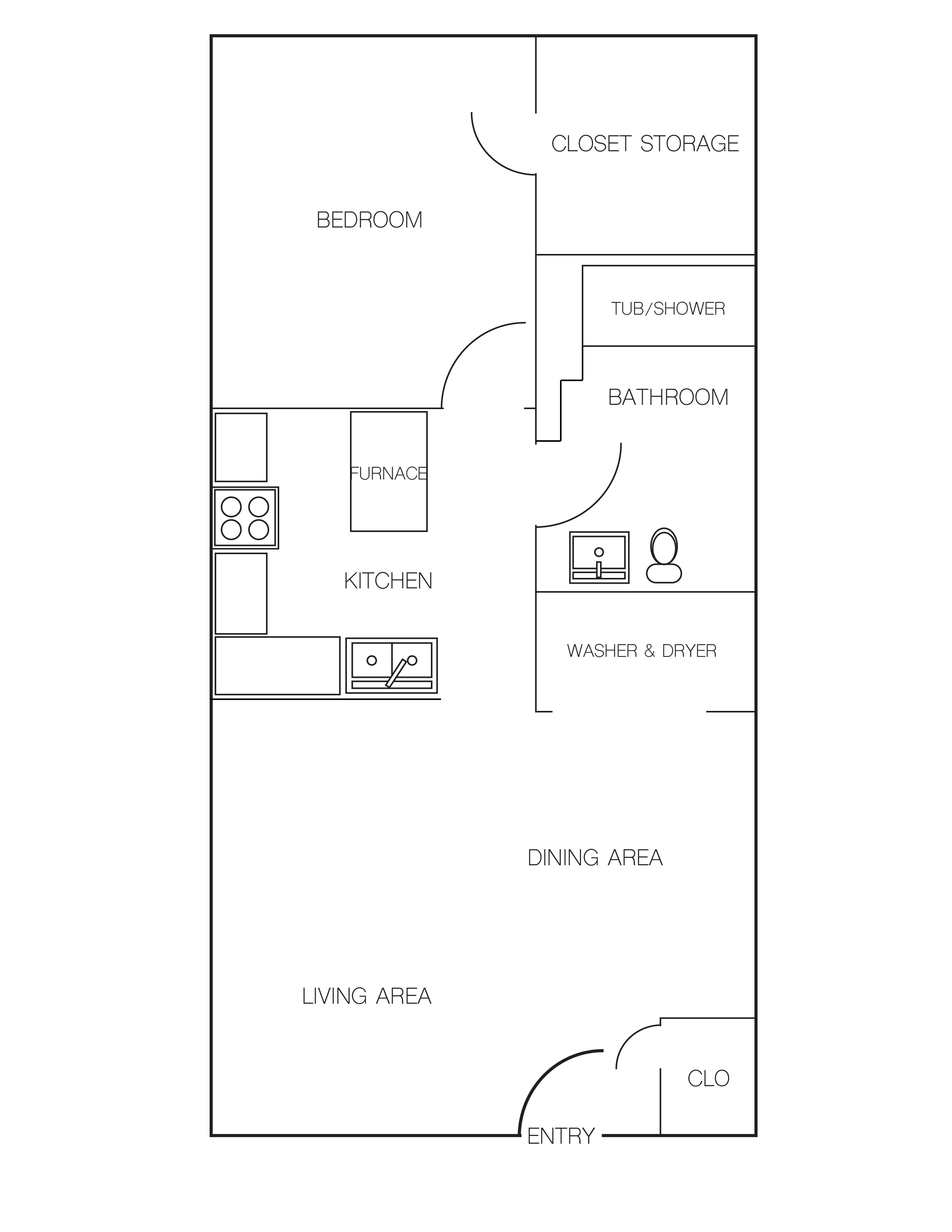 Floor plan for 1 bed, 1 bath, 600 sqft